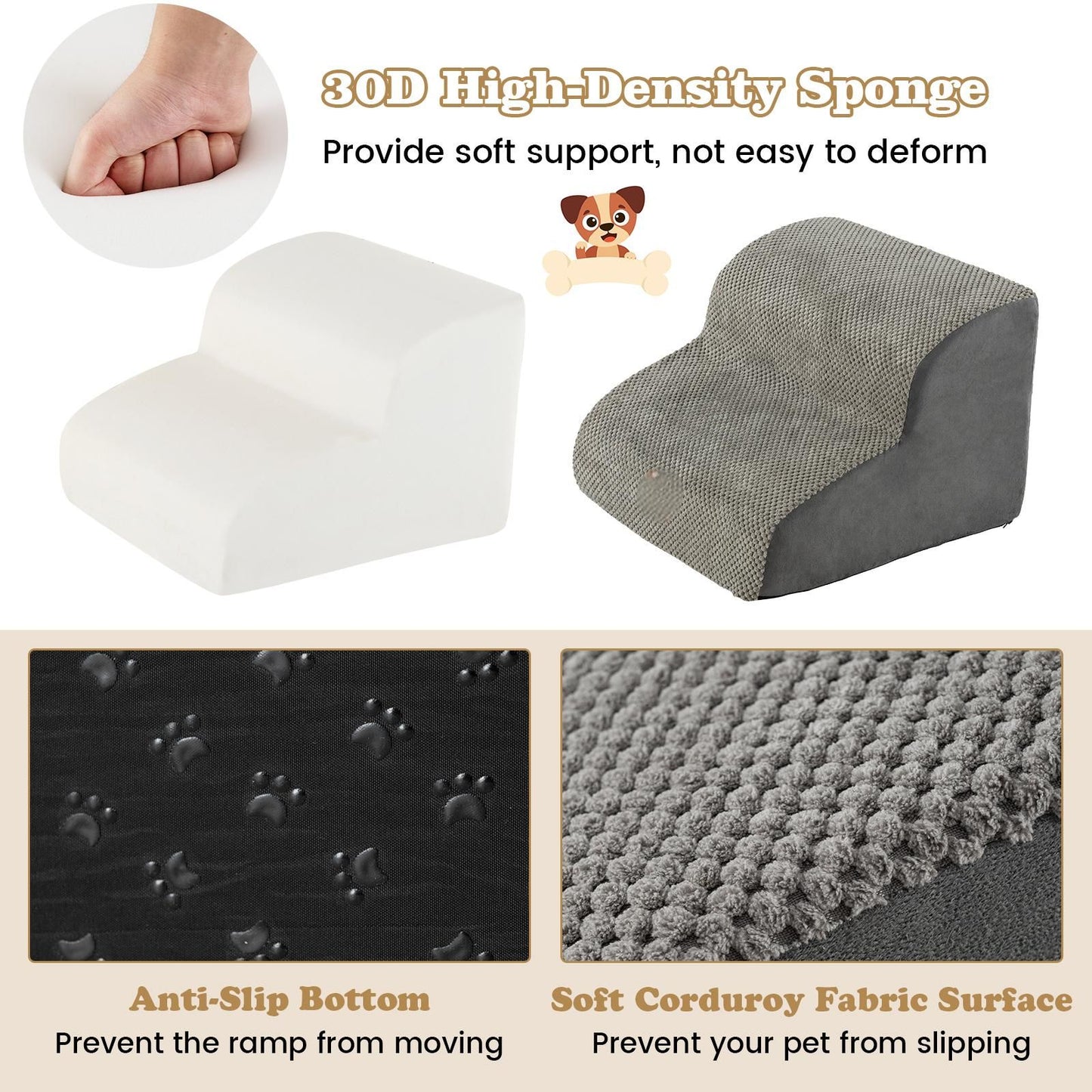 2-Tier Pet Ramp with Washable Cover and High-Density Foam Construction