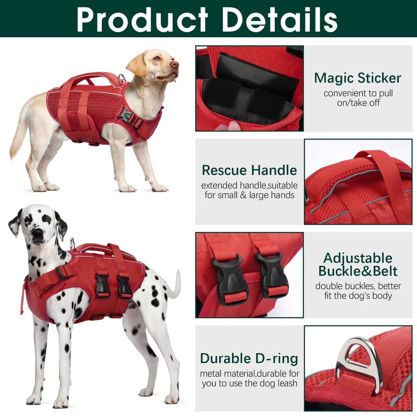 Kuoser High Buoyancy Dog Life Jacket with Reflective Accents - Adjustable Life Vest for Small, Medium, and Large Breeds - Lightweight Dog Life Preserver with Rescue Handle for Aquatic Activities
