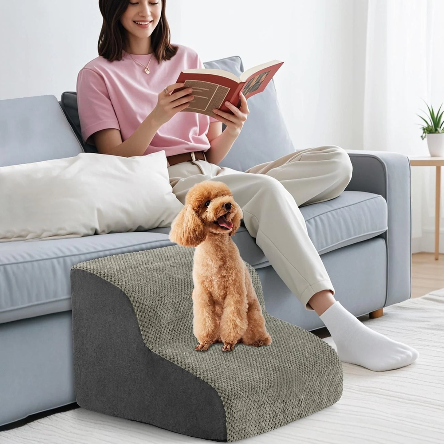 2-Tier Pet Ramp with Washable Cover and High-Density Foam Construction
