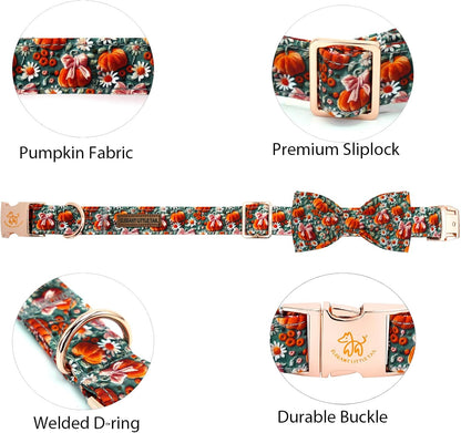Halloween-Themed Adjustable Dog Collar with Bow and Pumpkin Floral Print for Small to Large Dogs