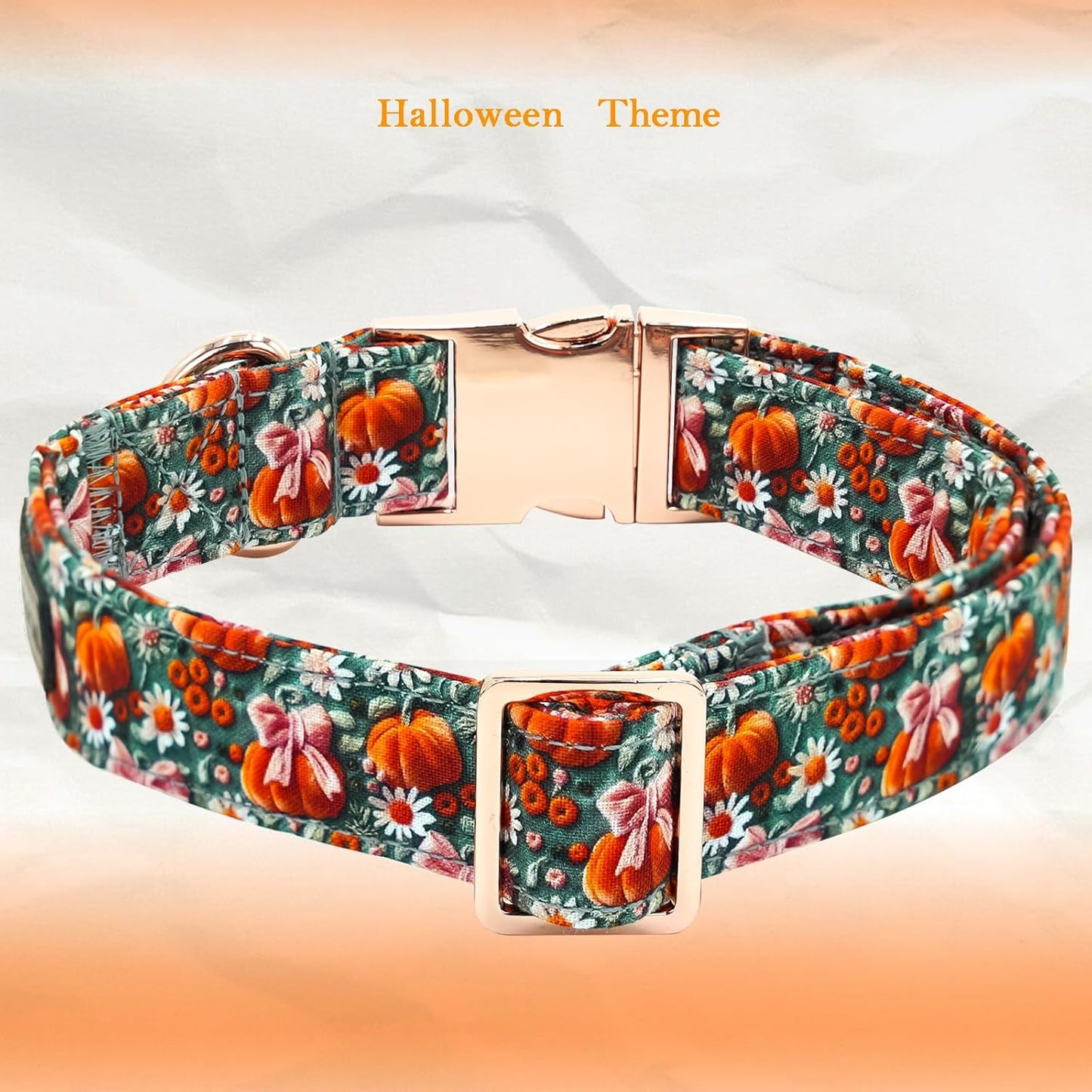 Halloween-Themed Adjustable Dog Collar with Bow and Pumpkin Floral Print for Small to Large Dogs