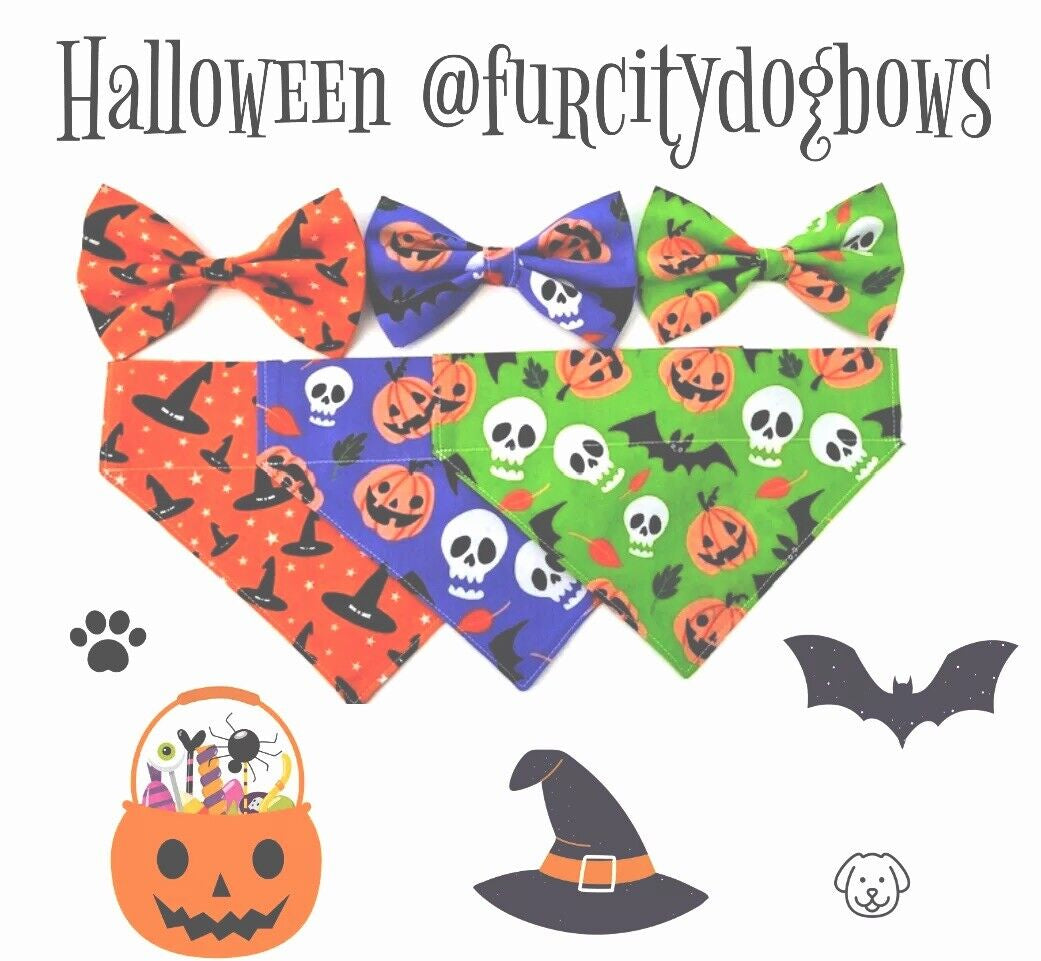 Handmade Charity Halloween Dog Bow and Bandana - Available in Multiple Sizes - Made in the UK