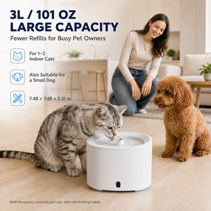 Fluffino 3L/101Oz Premium Cat Water Fountain with Silent USB Pump, Continuous Flow System, and Effortless Maintenance - White