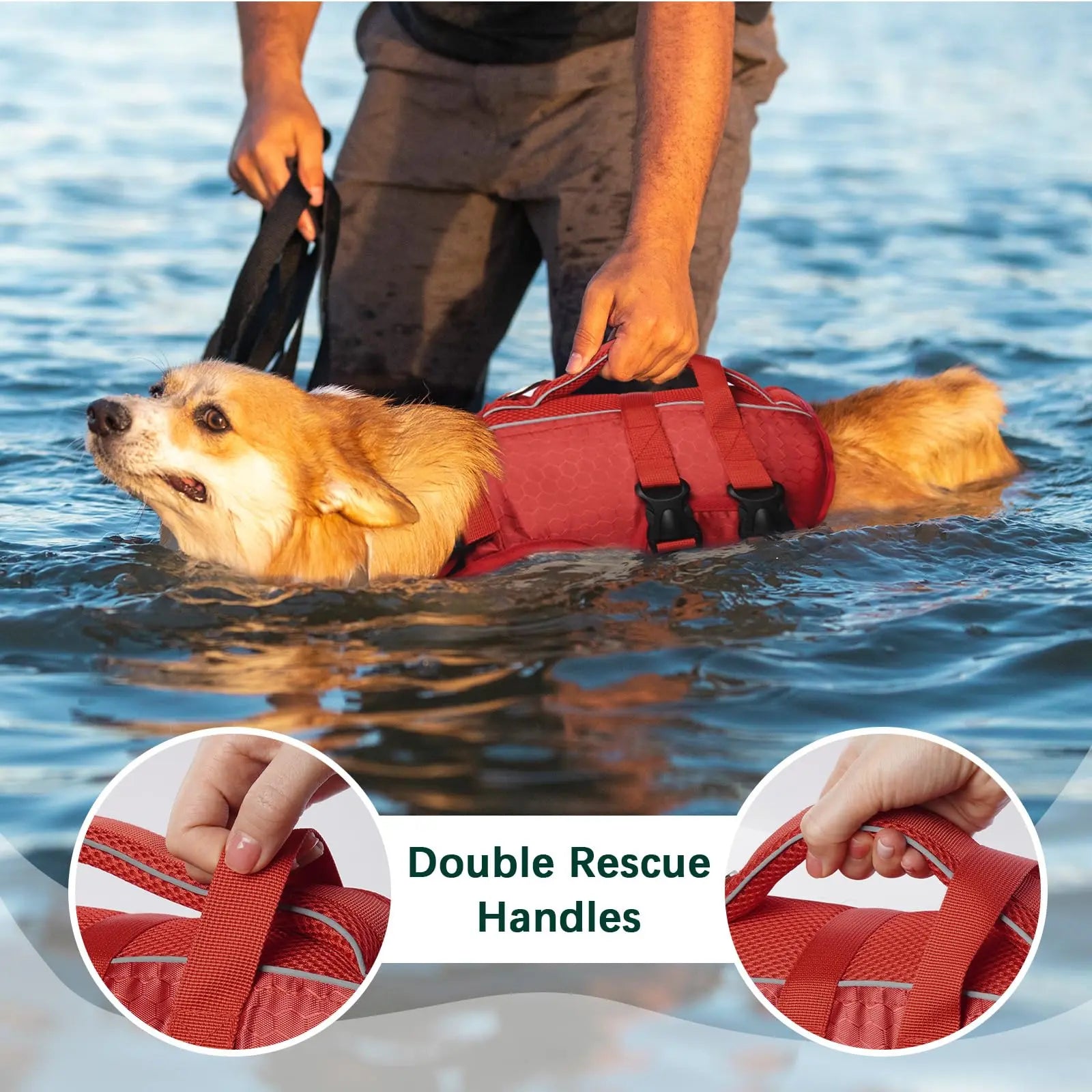 Kuoser High Buoyancy Dog Life Jacket with Reflective Accents - Adjustable Life Vest for Small, Medium, and Large Breeds - Lightweight Dog Life Preserver with Rescue Handle for Aquatic Activities