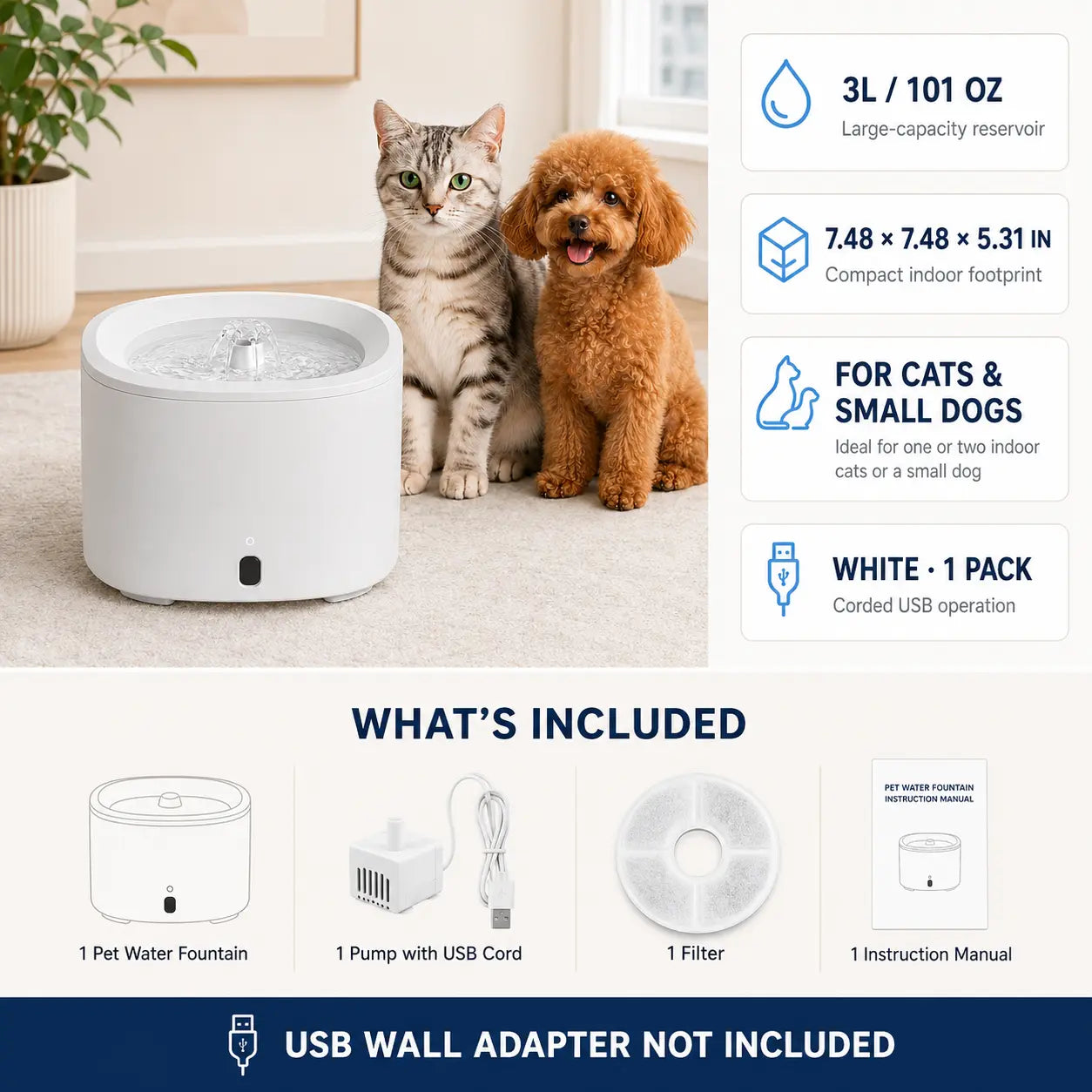 Fluffino 3L/101Oz Premium Cat Water Fountain with Silent USB Pump, Continuous Flow System, and Effortless Maintenance - White