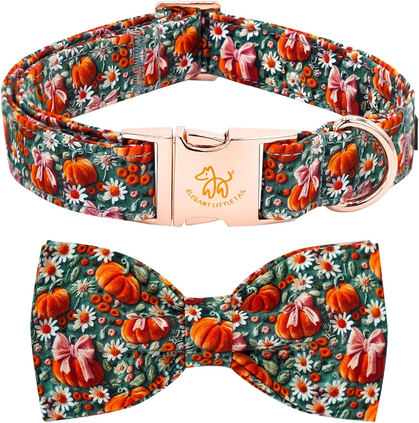 Halloween-Themed Adjustable Dog Collar with Bow and Pumpkin Floral Print for Small to Large Dogs